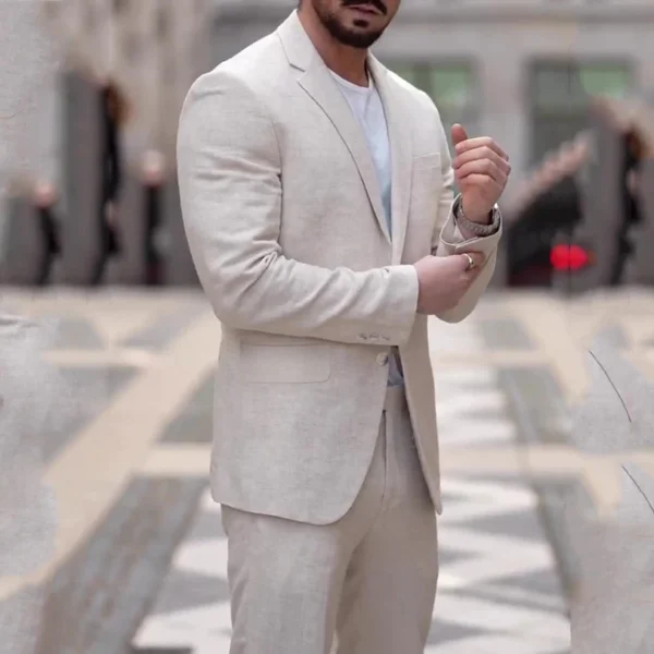 Beige Linen Men’s Two-Piece Casual Wedding Suit Blazer Pants - Image 3