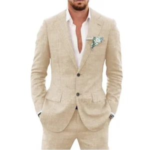Beige Blue Linen Slim Fit 2 Piece Men Suit For Wedding, Prom Party