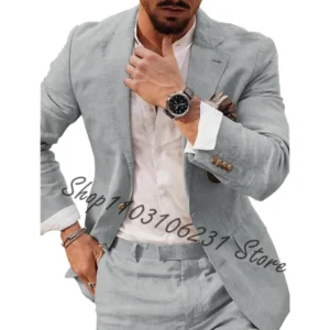 Summer Beach Business Linen Men Suits Tailor Made Two-piece Blazer Pants Set
