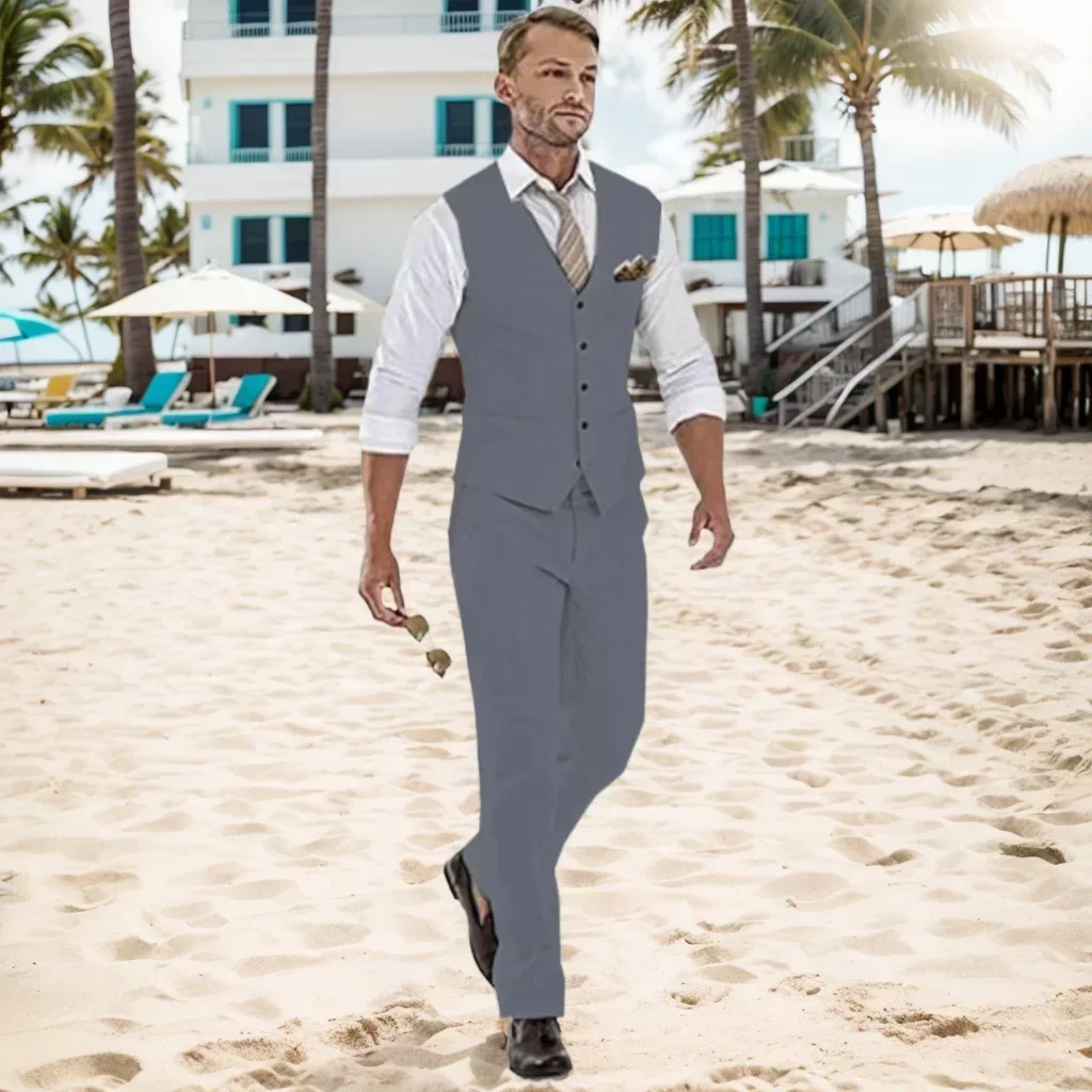 Mens Linen Suit Slim Fit Wedding 2 Piece Summer Beach Tuxedo Set - Image 4