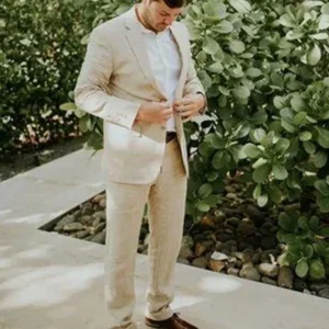 Beige Linen Slim Fit Men's Suit Wedding Casual 2-Piece Outfit