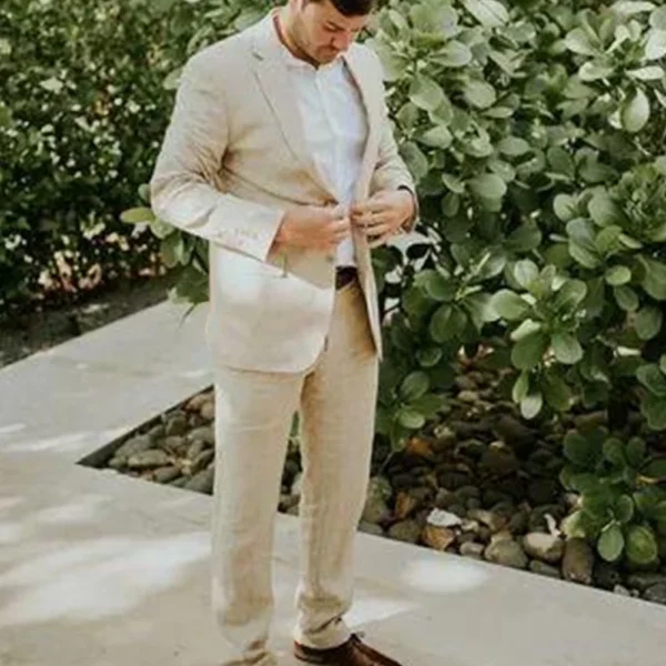 Beige Linen Slim Fit Men's Suit Wedding Casual 2-Piece Outfit