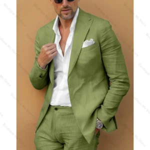 Green Linen Suit Men Slim Fit Peaked Lapel 2 Piece Set Jacket Pants