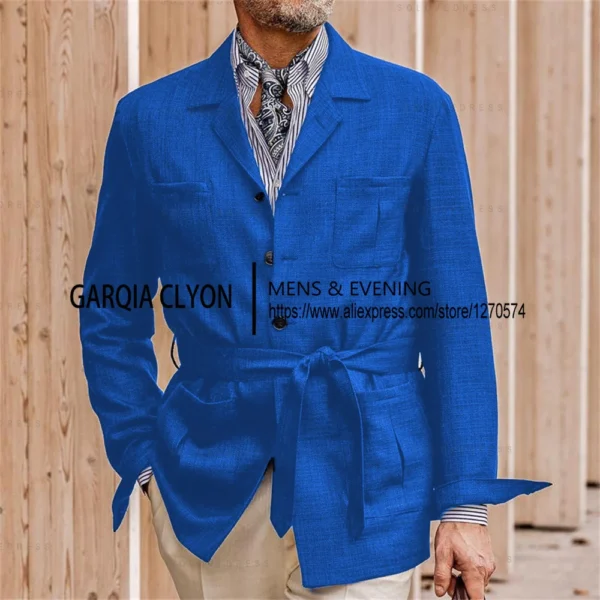 New Arrival Linen Belted Lapel Blazer Wedding Summer Jacket - Image 3