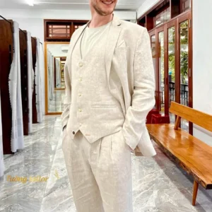 3-Piece Beige Linen Men's Suit Summer Daily Fashion Elegant Set