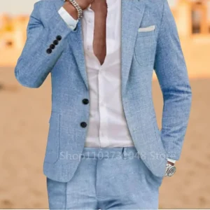 Linen Men Suits For Summer Beach 2 Pieces Slim Fit Notch Lapel Tuxedo Set