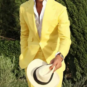Yellow Linen Men’s Slim Fit Beach Two-Piece Wedding Tuxedo
