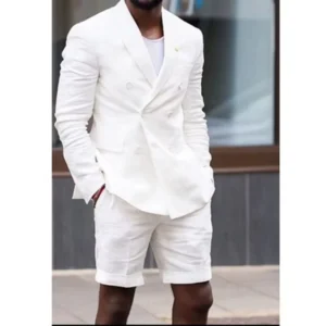 White Linen Mens Suits with Double Breasted Slim Fit Short Pants Set
