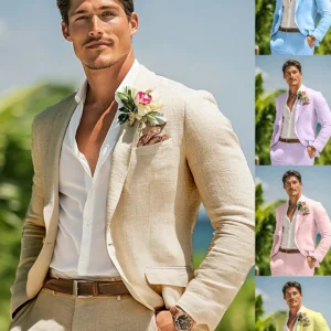 Wedding Summer Linen Man 2 Piece Outfit Set Casual Slim Fit Blazer Pants
