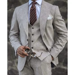 Beige Linen Men Suit Slim Fit Double Breasted Wedding Blazer Set Outfit