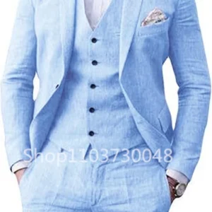 Elegant Beige Blue Linen 3 Piece Men Suit For Summer Wedding