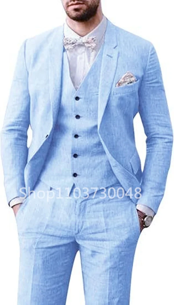 Elegant Beige Blue Linen 3 Piece Men Suit For Summer Wedding