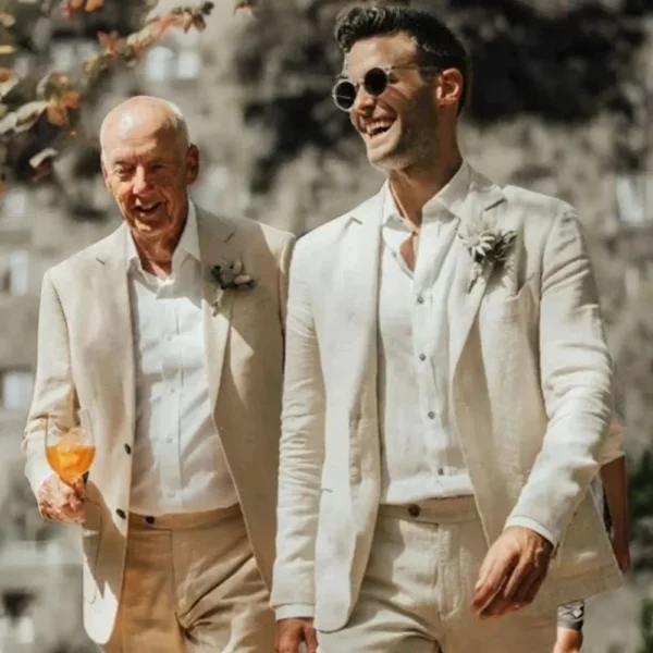 Linen Wedding Groom Tuxedo Summer Prom Blazer Two-Piece Set - Image 4