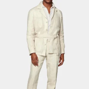 New 2Pcs Linen Men’s Suit With Belt For Summer Wedding Events
