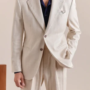 Beige Cotton Linen Men’s Suit Set Summer Thin Casual Blazer