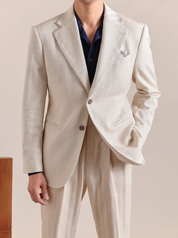 Beige Cotton Linen Men’s Suit Set Summer Thin Casual Blazer
