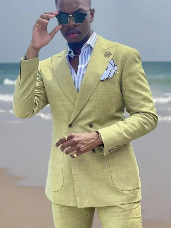 Summer Linen Slim Fit Double Breasted Men Suit Set Casual Outfit - Image 5
