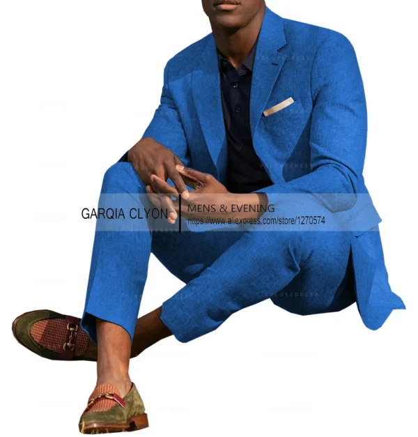 Linen Men's Summer Suit Two Piece Casual Wedding Blazer Set Outfit - Image 2