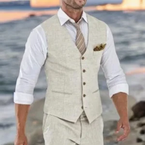 Beige Linen Suit Vest For Men Wedding Summer Beach V Neck Waistcoat