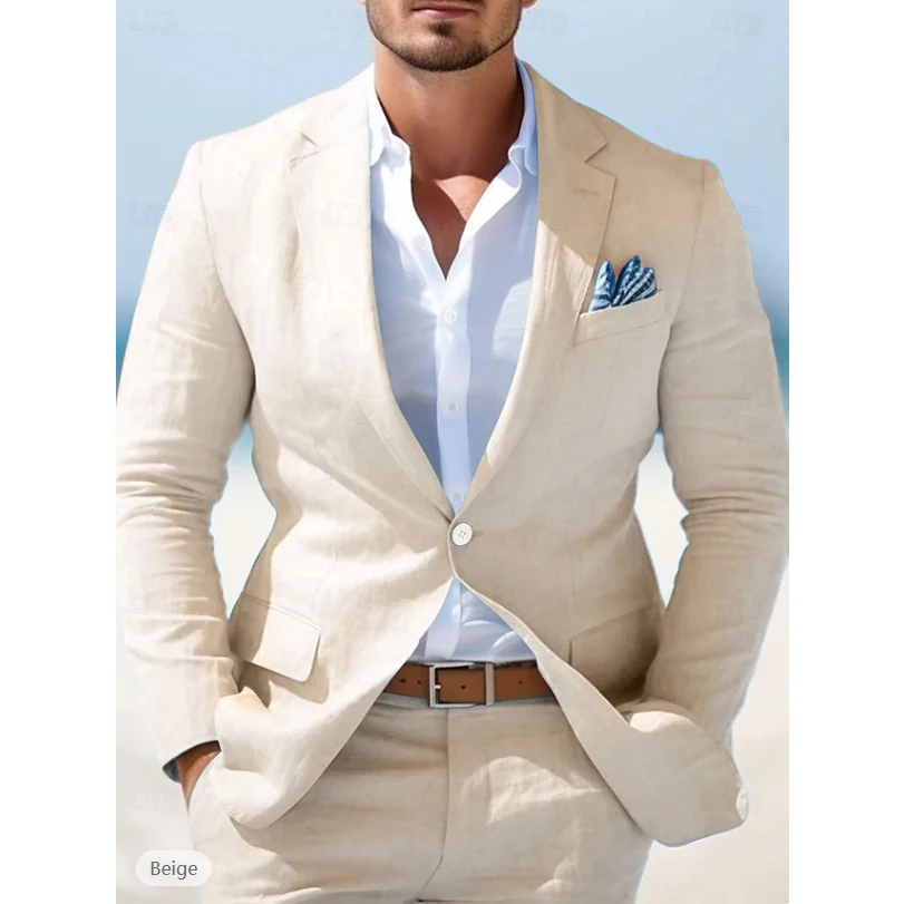 Sky Blue Linen Suits For Men 2 Piece Slim Fit Wedding Tuxedos - Image 2