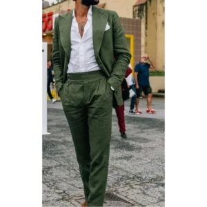 Green Linen Men Suits Casual Beach Wedding Peak Lapel Two-piece Set