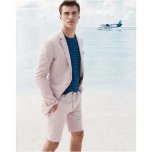 Hot Pink Linen Beach Men Suit Short Pant Slim Fit Groom Prom Tuxedo
