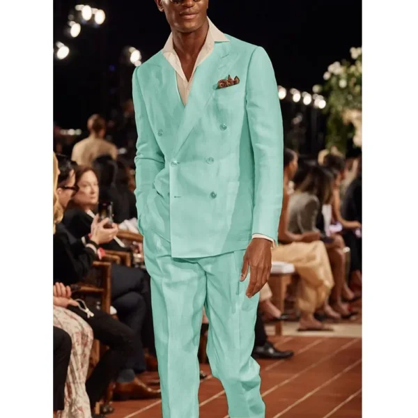 Luxury Linen Slim Fit Men Suit Business Casual Two-Piece Set Blazer Pants - Image 3