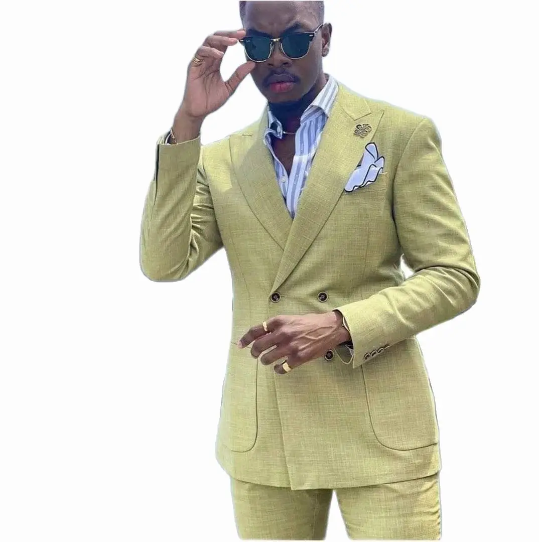 Hot Summer Yellow Linen Men Suits Costume Homme Wedding Slim Fit Tuxedo - Image 2