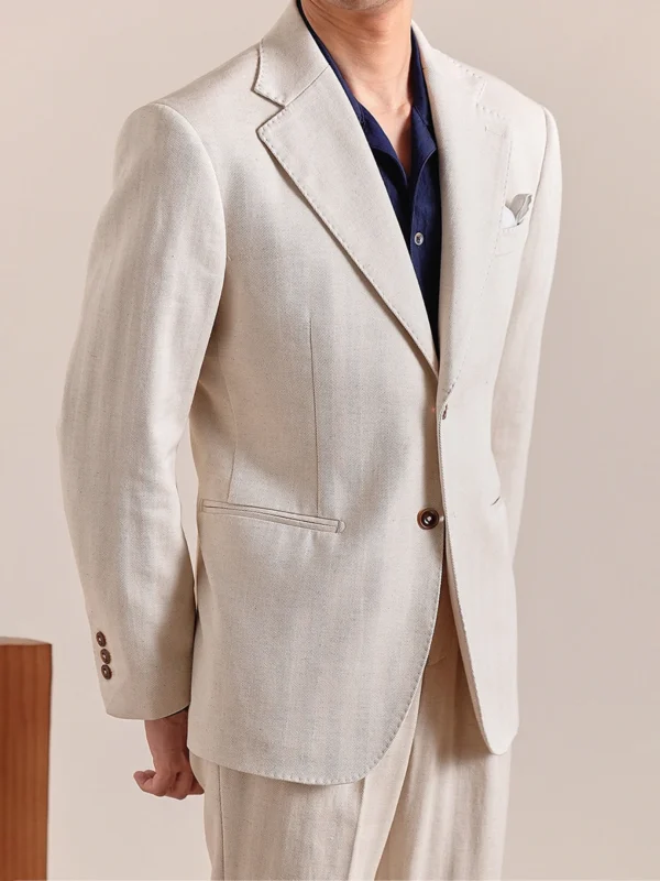 Beige Cotton Linen Men’s Suit Set Summer Thin Casual Blazer - Image 4