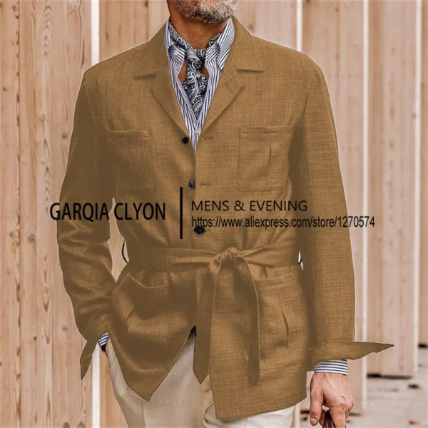 New Arrival Linen Belted Lapel Blazer Wedding Summer Jacket - Image 4
