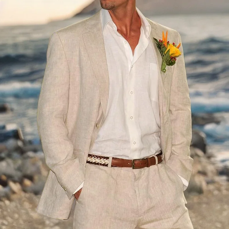 Beige Linen Wedding Suit Men Summer Beach Groom Tuxedo Set - Image 5
