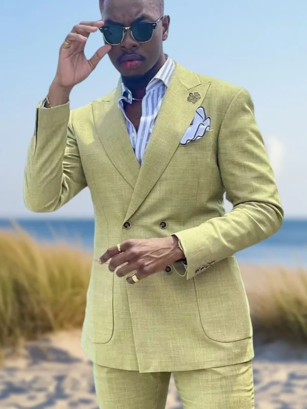 Summer Linen Slim Fit Double Breasted Men Suit Set Casual Outfit - Image 3