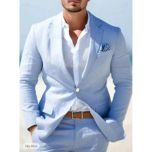 Sky Blue Linen Suits For Men 2 Piece Slim Fit Wedding Tuxedos