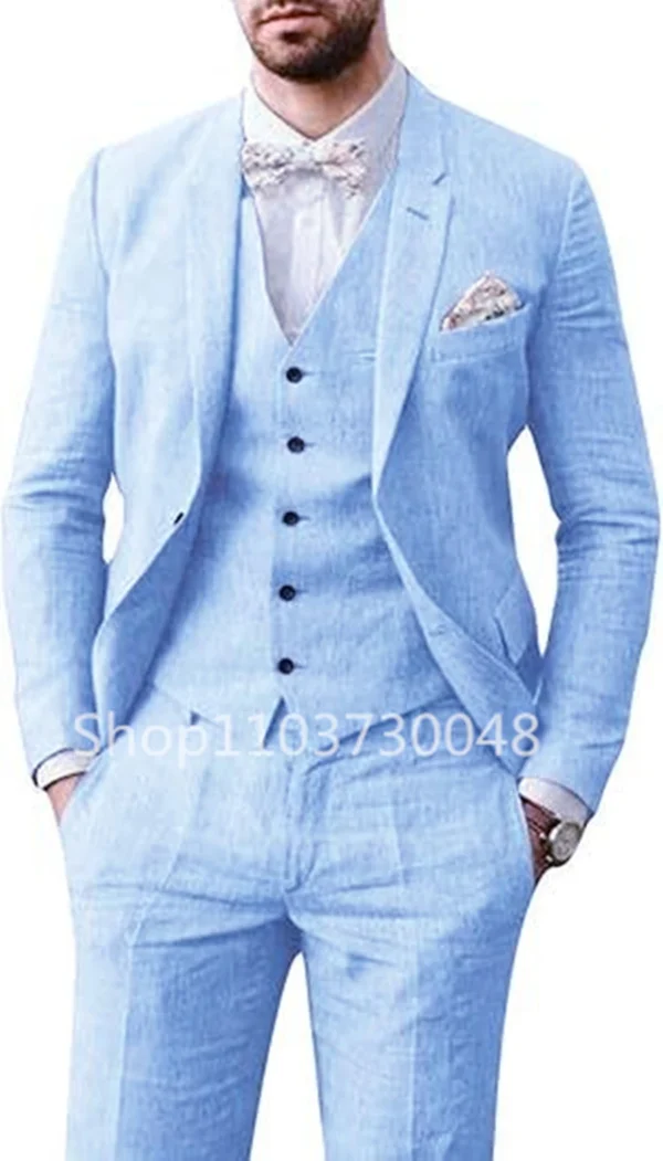 Elegant Beige Blue Linen 3 Piece Men Suit For Summer Wedding - Image 3