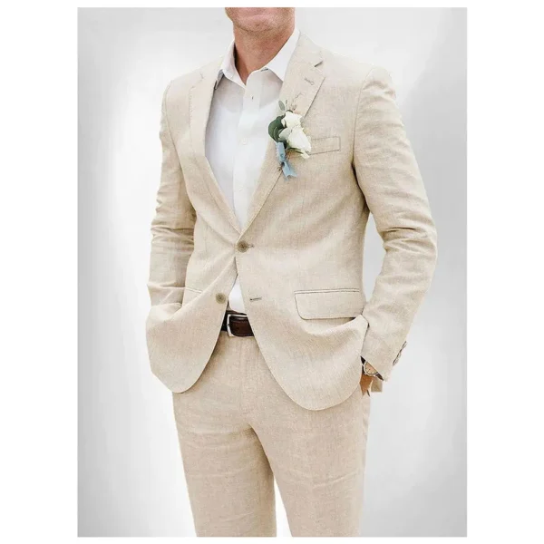 Beige Linen Slim Fit Men's Suit Wedding Casual 2-Piece Outfit - Image 3