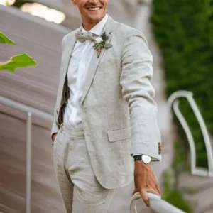 Men’s 2Pcs Linen Suit Set With Jacket And Pants For Summer Wedding