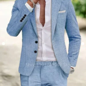 Sets Light Blue/Beige Linen Summer Men Suits Notch Lapel Slim Fit Wedding Set
