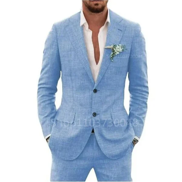 Beige Blue Linen Slim Fit 2 Piece Men Suit For Wedding, Prom Party - Image 2