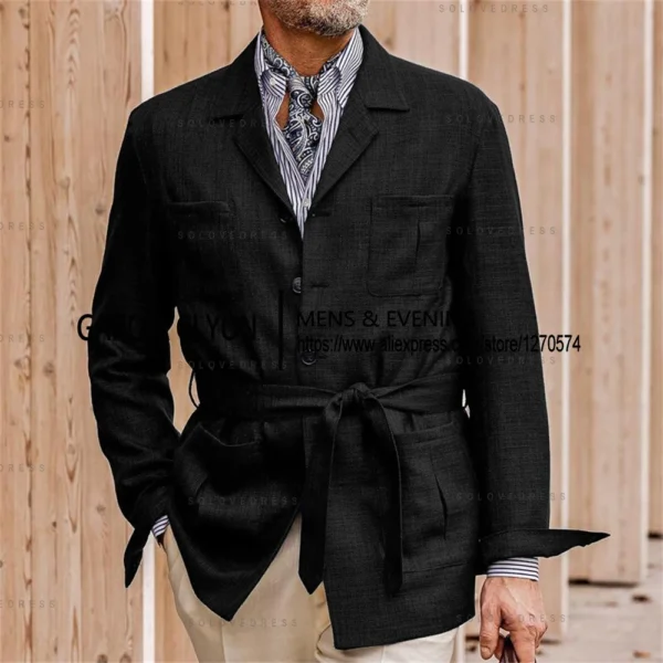 New Arrival Linen Belted Lapel Blazer Wedding Summer Jacket - Image 2