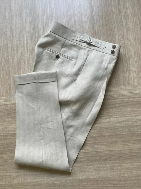 Top Quality Beige White Linen Slim Fit Summer Casual Outfit Set - Image 6