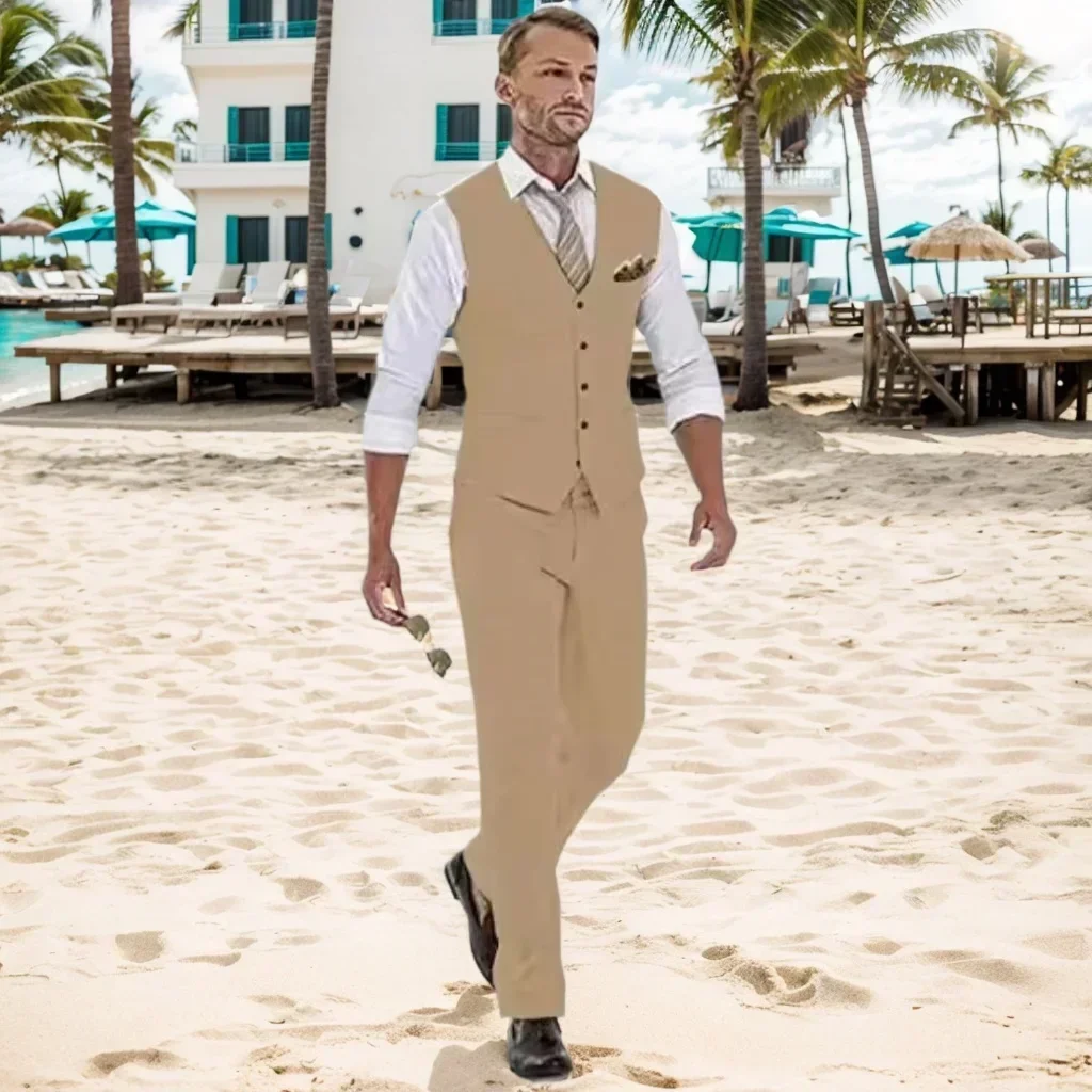 Mens Linen Suit Slim Fit Wedding 2 Piece Summer Beach Tuxedo Set - Image 5