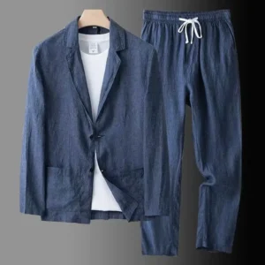 Beige Linen Men Suit Slim Fit Double Breasted Wedding Blazer Set