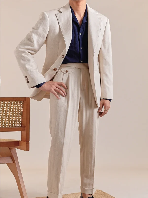 Beige Cotton Linen Men’s Suit Set Summer Thin Casual Blazer - Image 6