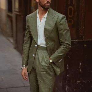 Light Army Green Linen Suit Men’s 2Pcs Summer Wedding Outfit