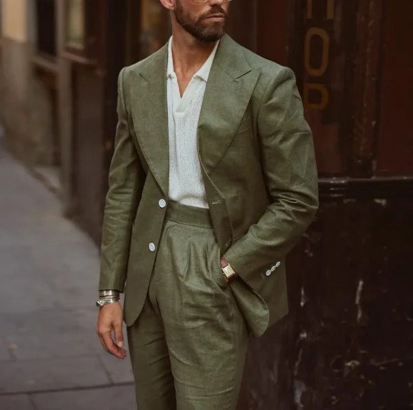 Light Army Green Linen Suit Men’s 2Pcs Summer Wedding Outfit
