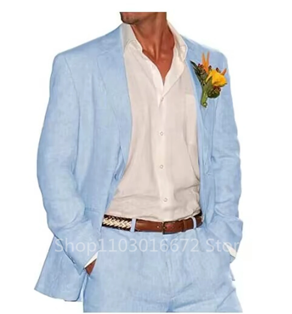Light Blue/Beige Linen Men Suits 2 Piece Groom Tuxedos Notch Lapel Slim Fit Set - Image 4