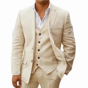 3 Piece Men's Linen Slim Fit Suit For Summer Beach Wedding Party Groomsmen