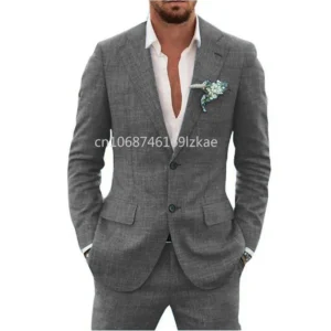 Men's Suit Lapel Collar Single-breasted 2 Piece Set Linen Blazer Outfit