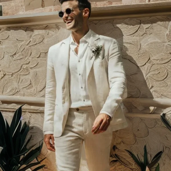 Linen Wedding Groom Tuxedo Summer Prom Blazer Two-Piece Set - Image 5