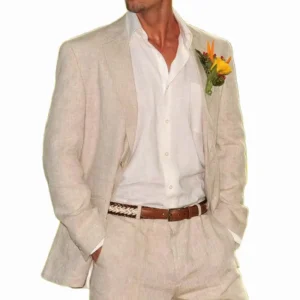 Beige Linen Men Suits 2 Pieces Beach Wedding Tuxedos Blazer+Pants